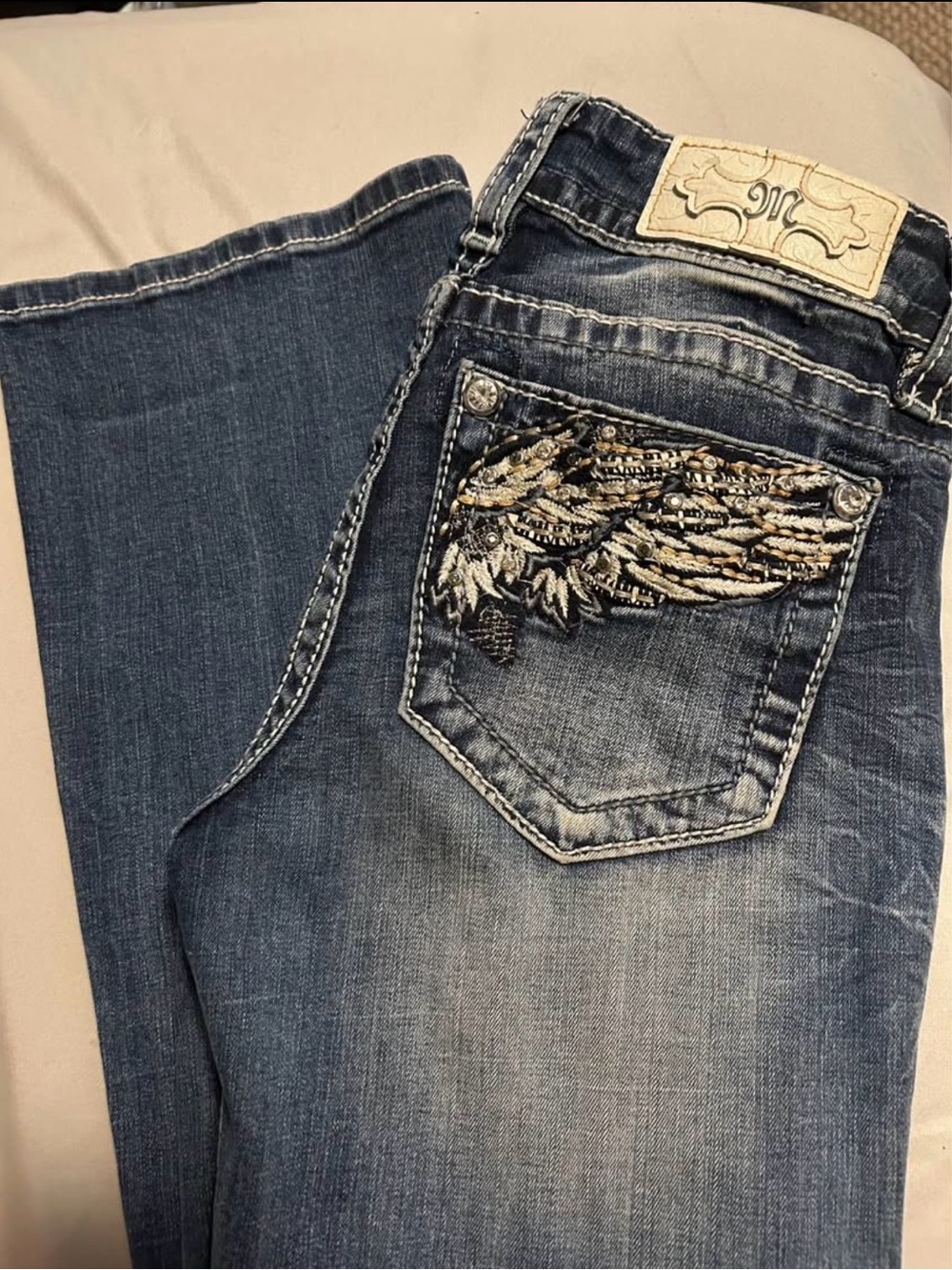 Miss Me Dark Blue Bootcut Jeans with Embroidered Wing Pocket